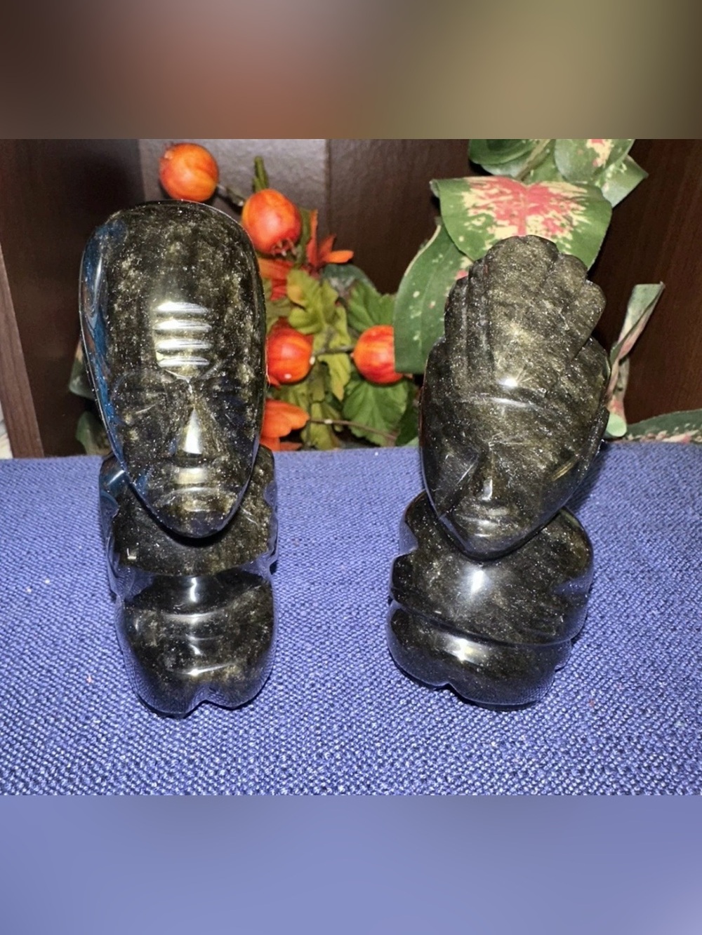 Vintage Black Obsidian Mayan Aztec Hand-Carved Stone Figure Statue - PAIR